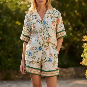 Wayf Floral Print Top with Green and Orange Accents SET